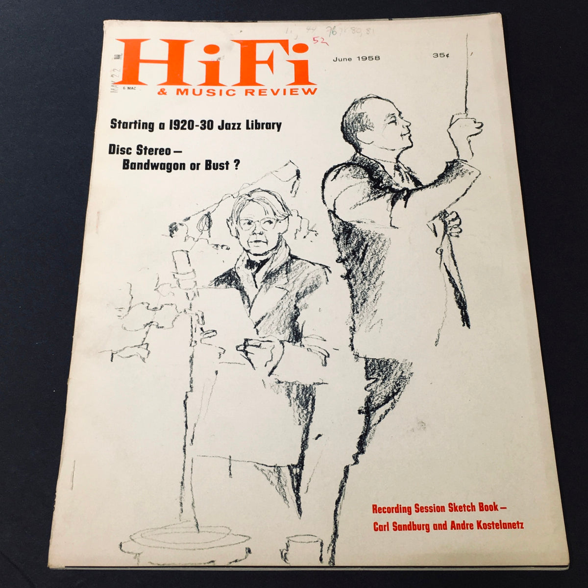 Cover of VTG HiFi & Music Review Magazine June 1958 featuring a sketch of Carl Sandburg and Andre Kostelanetz.