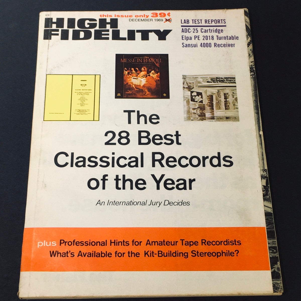 Cover of VTG High Fidelity Magazine December 1969 featuring 'The 28 Best Classical Records of the Year'. The magazine includes album artwork and highlights classical music records, offering a glimpse into the music culture of 1969.