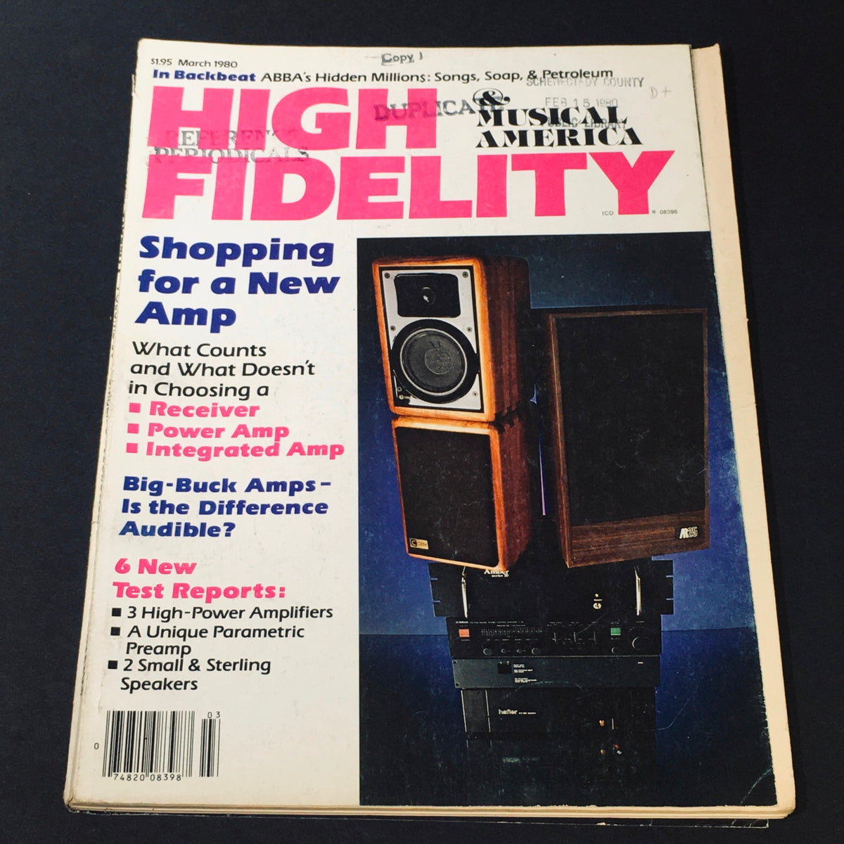 Cover of VTG High Fidelity Magazine March 1980 featuring articles including In Backbeat Abba's Hidden Millions, showcasing audio equipment and music culture.