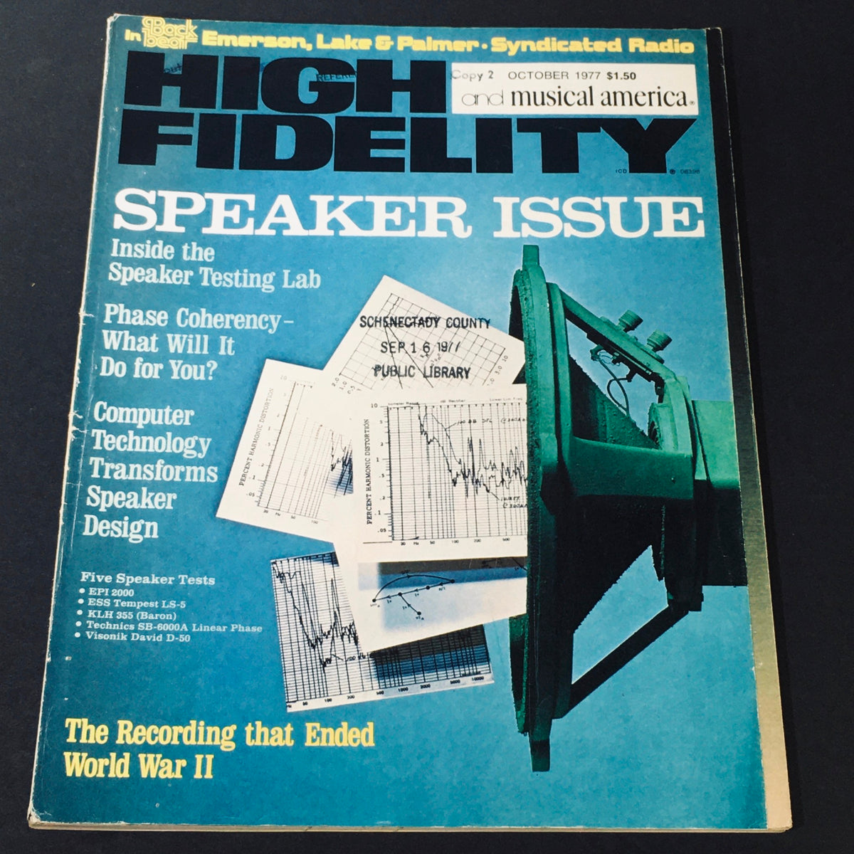 Cover of High Fidelity Magazine October 1977 featuring the title 'Speaker Issue'. The magazine discusses how computer technology transforms speaker design, accompanied by visuals of sound testing graphs.