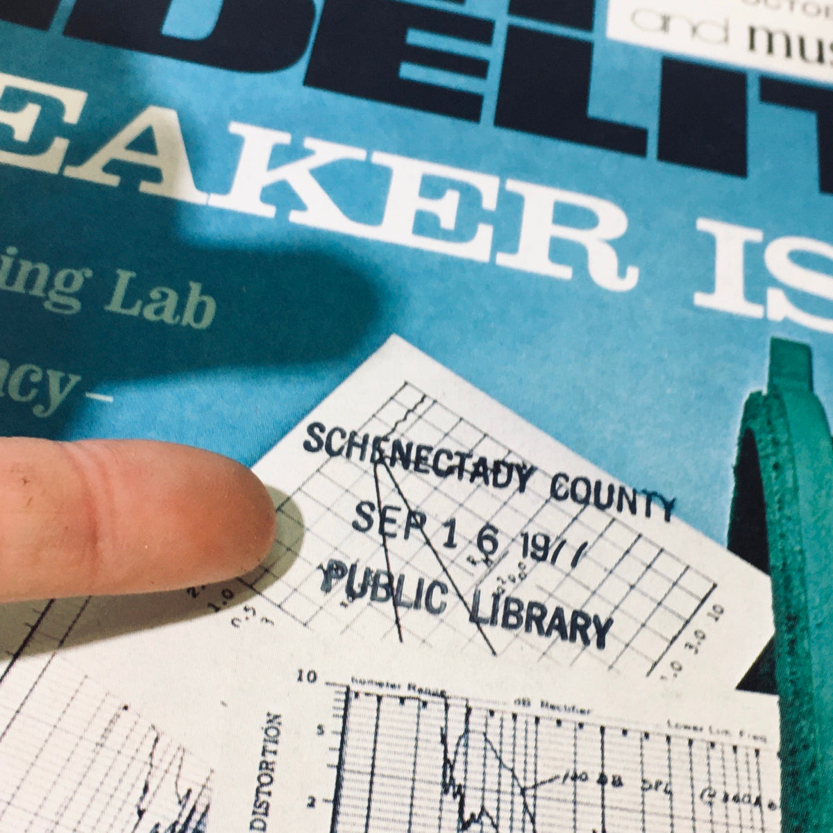 Close-up of the cover of VTG High Fidelity Magazine October 1977 featuring a public library stamp and details about the speaker technology article.