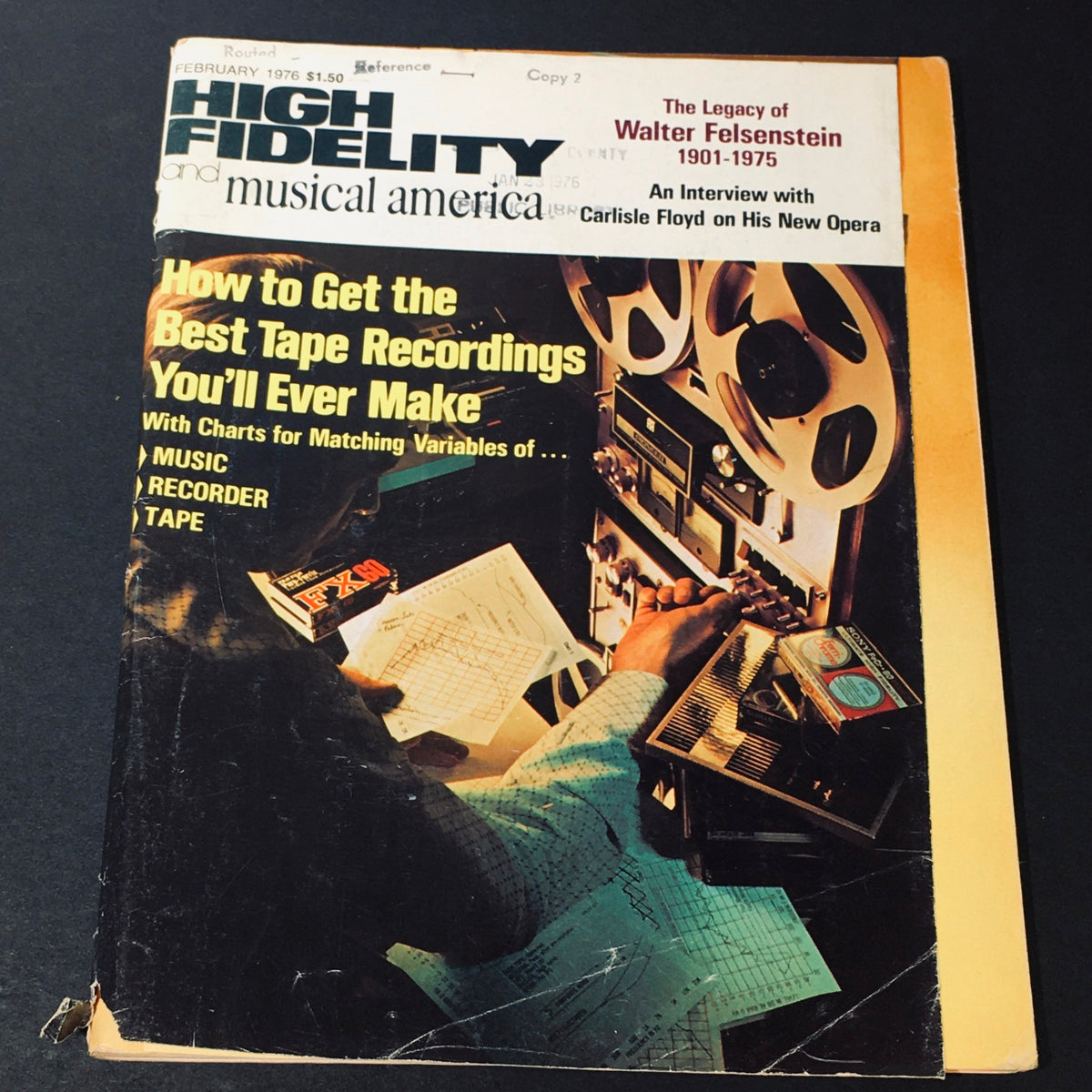 Cover of VTG High Fidelity Magazine February 1976 featuring an article on Walter Felsenstein, showcasing visuals related to music recording technology.