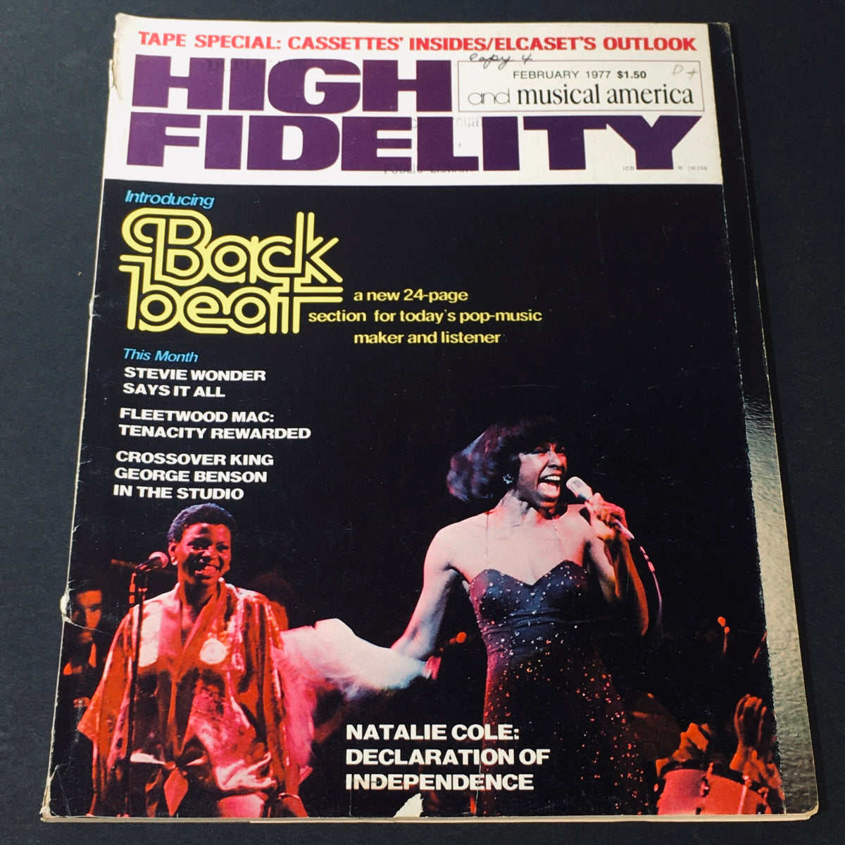 Vintage High Fidelity Magazine February 1977 featuring Natalie Cole and Fleetwood Mac on the cover, showcasing music icons of the era.