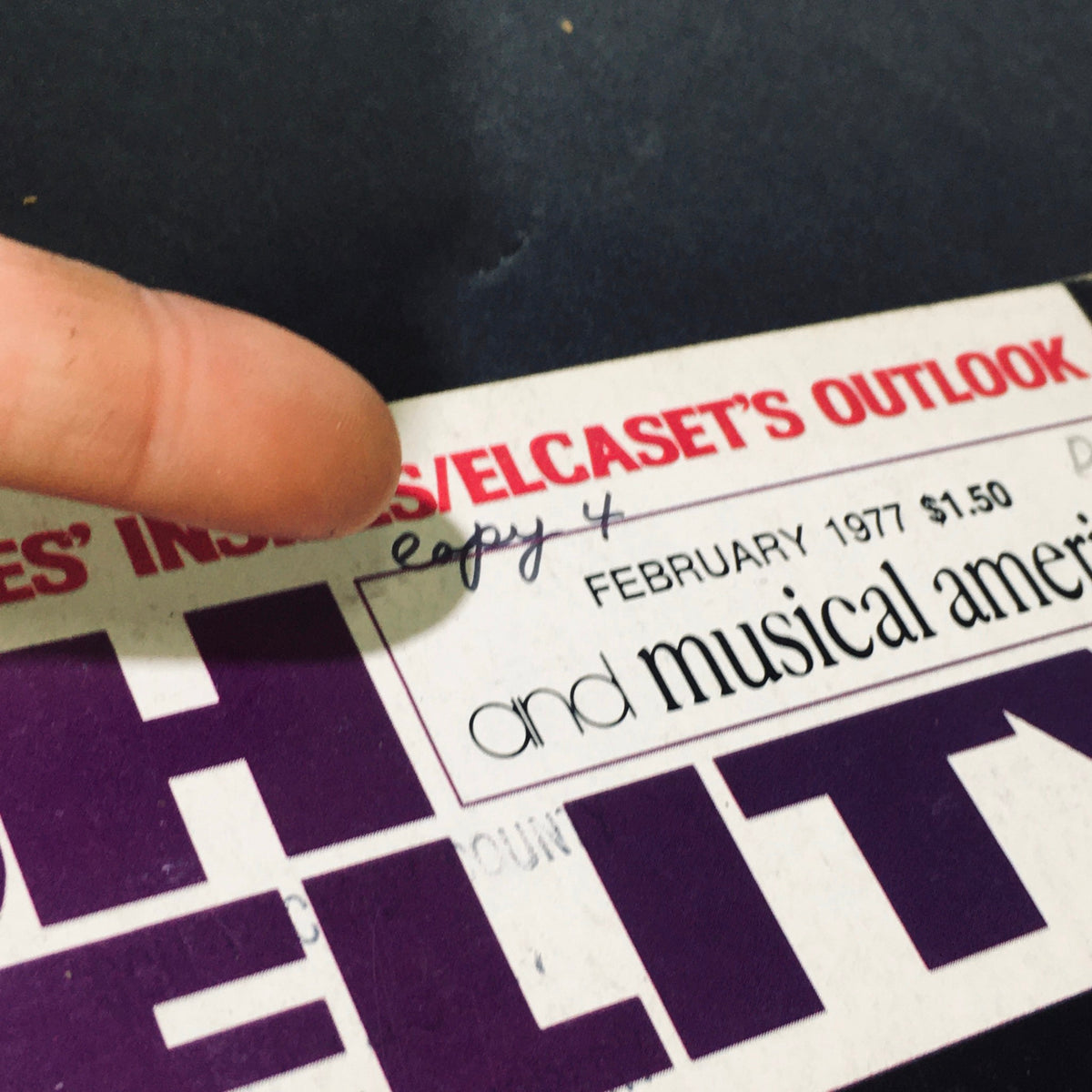 Highlighted section of the cover of Vintage High Fidelity Magazine February 1977, marking the issue as 'Copy 4' and detailing the publication month and price.