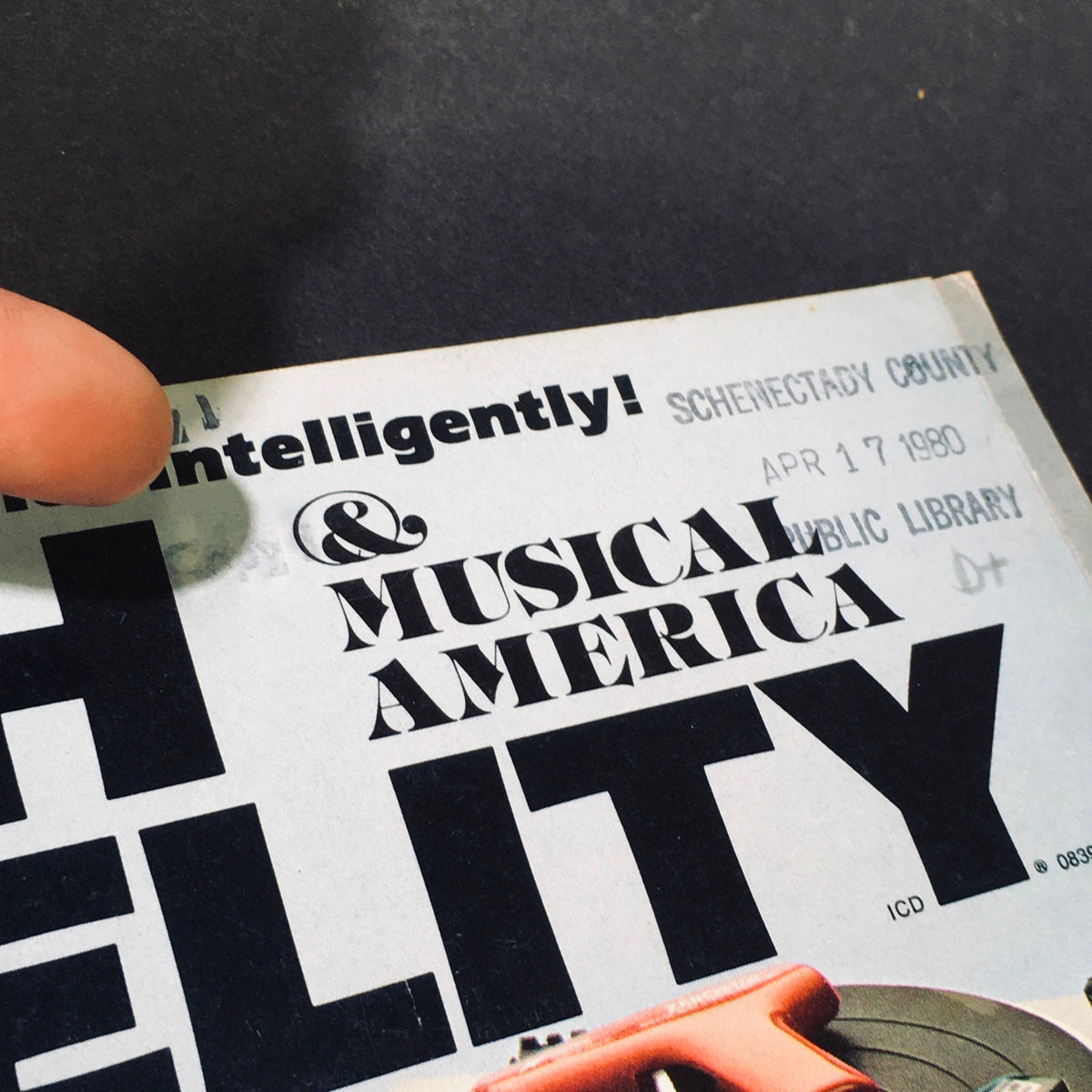 Top section of VTG High Fidelity Magazine May 1980 showcasing the magazine title and library stamp, reflective of vintage magazine ownership.