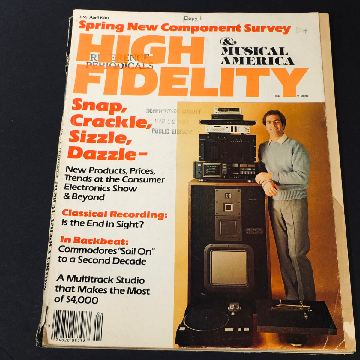 High Fidelity Magazine April 1980 cover featuring the headline 'Commodores Sail On to a Second Decade' with visuals of audio equipment.