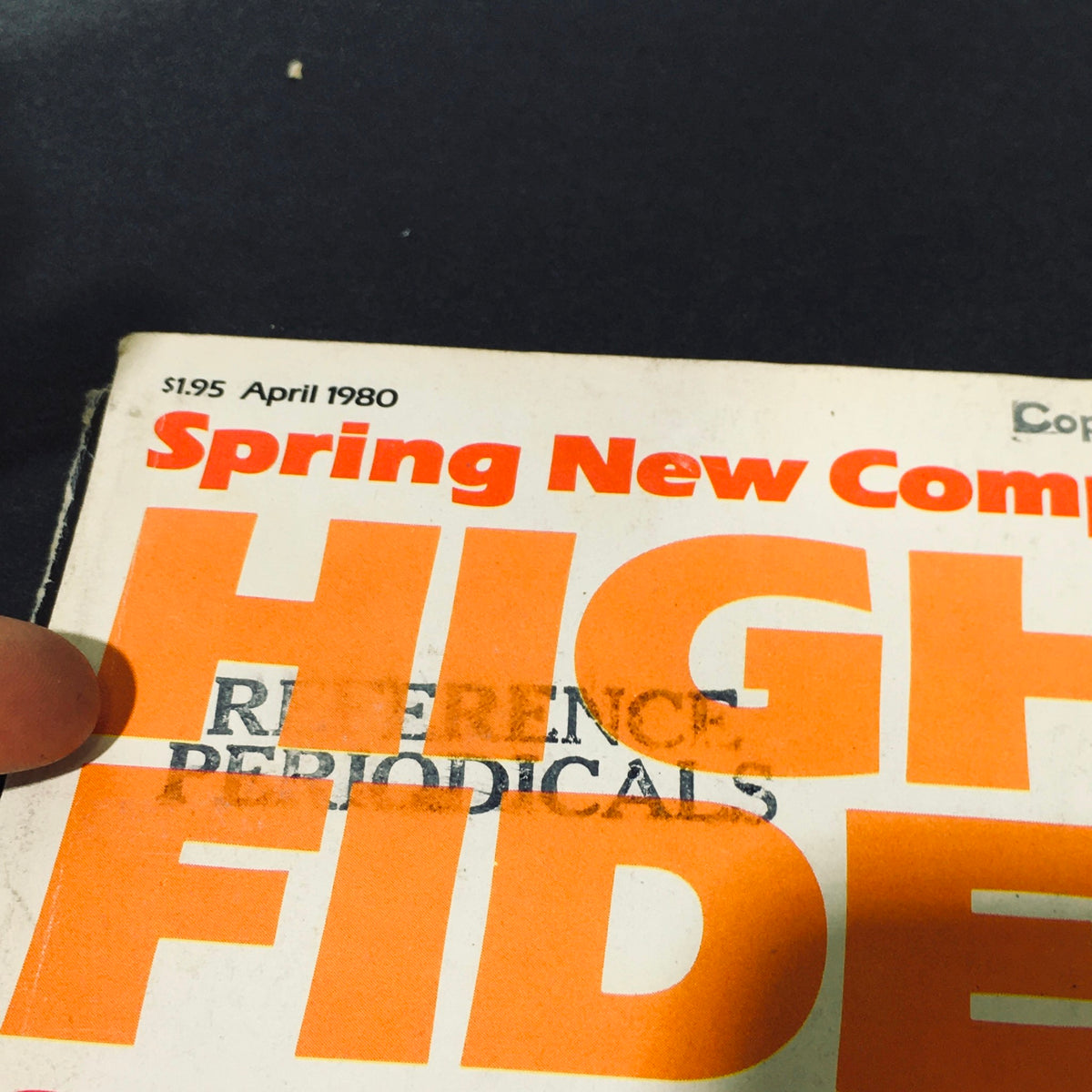 Close-up view of the High Fidelity Magazine April 1980 cover showcasing the magazine title with reference details.