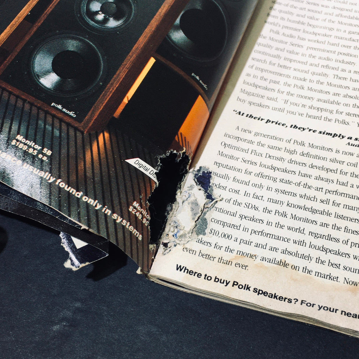 Page detail from Stereo Review Magazine April 1986 showcasing Polk Audio speakers and their features.