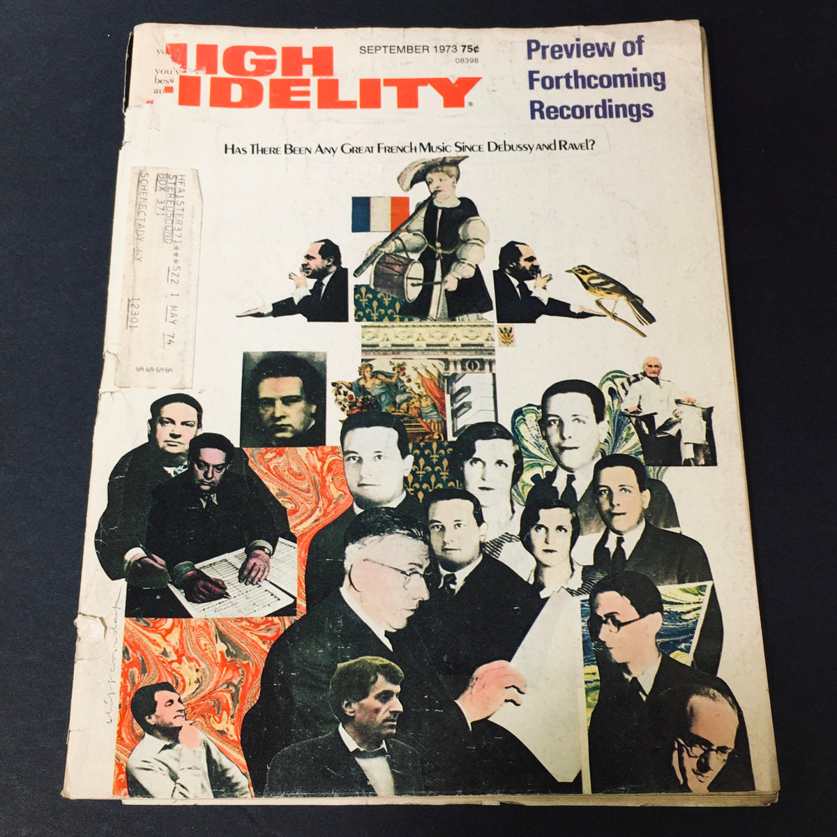 Cover of VTG High Fidelity Magazine September 1973 showcasing a collage of musicians and composers with the text 'Preview of Forthcoming Recordings'.