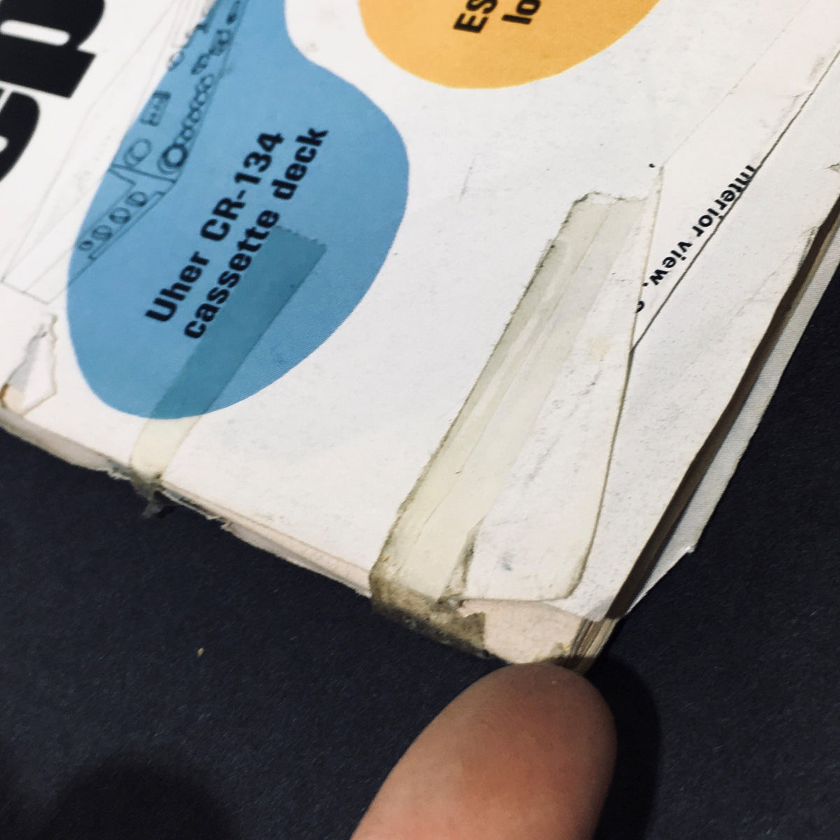 Close-up of the edges of High Fidelity Magazine January 1975, displaying marks of age and wear, emphasizing its collectible status.