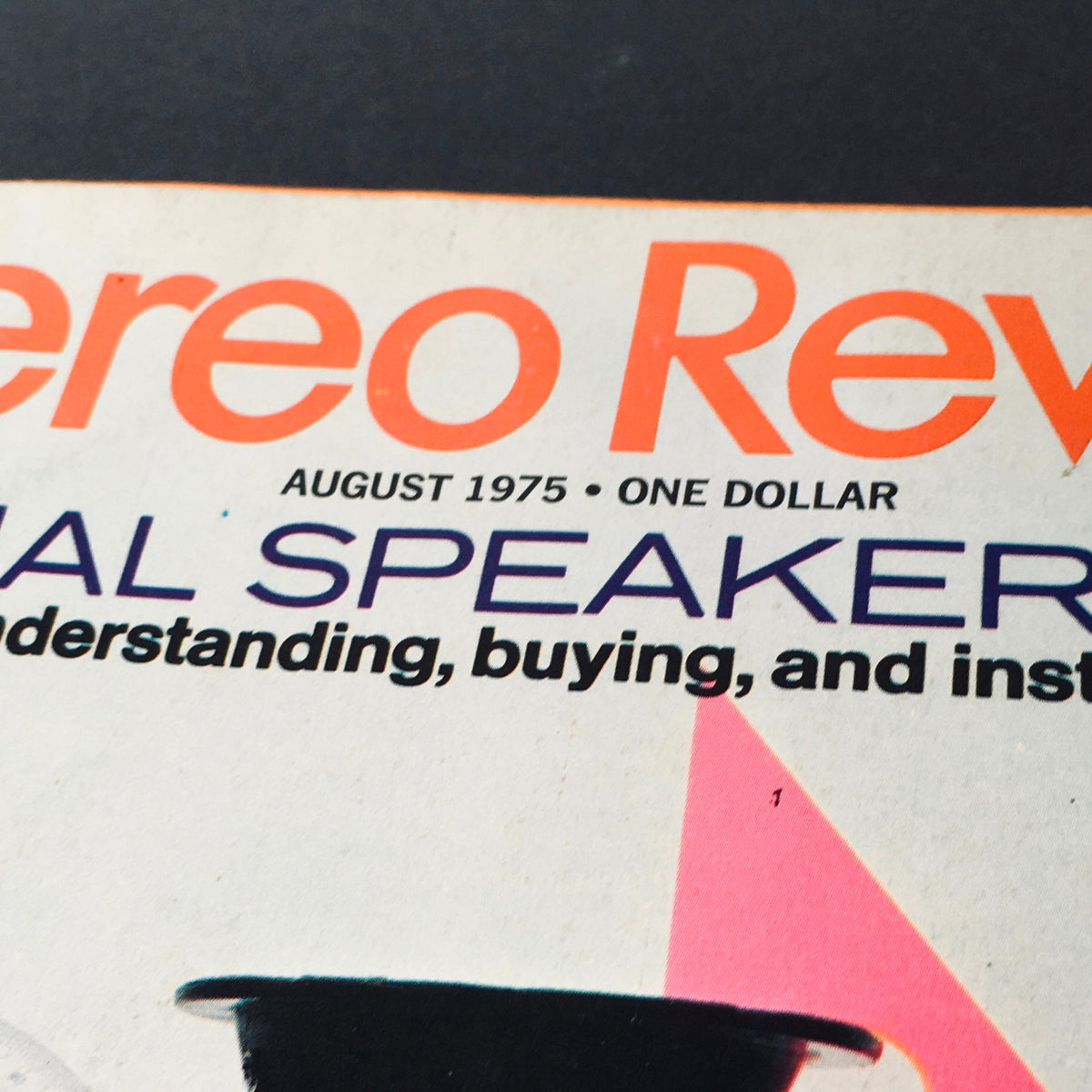 Close-up of the title section of Vintage Stereo Review Magazine August 1975, highlighting special speaker issue details.