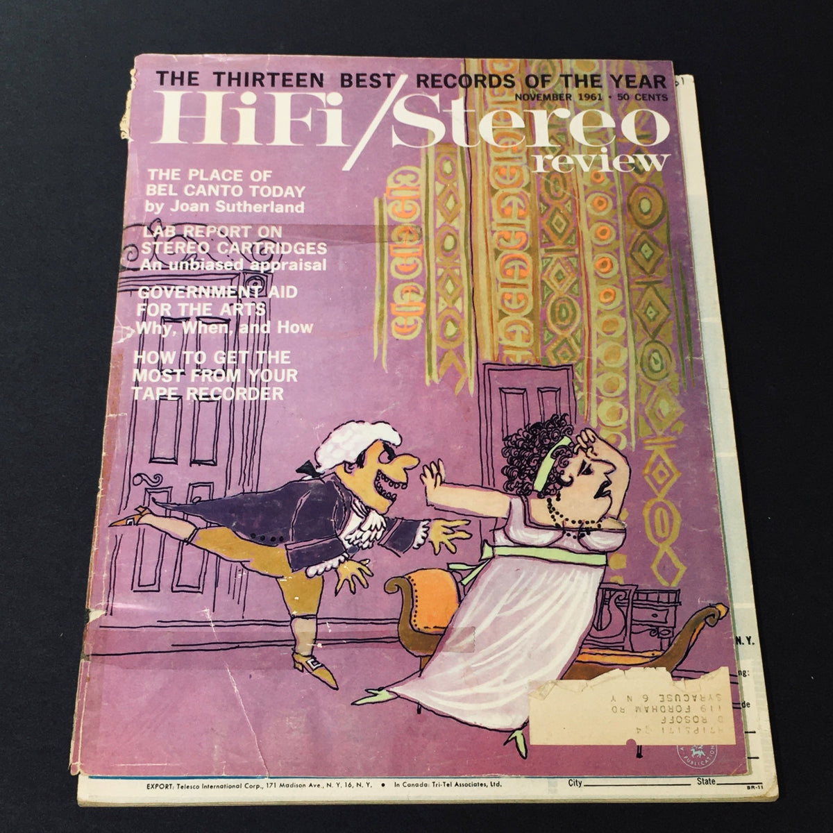 Cover of the VTG HiFi Stereo Review Magazine from November 1961 featuring the article 'The Place of Bel Canto Today'. It showcases a vintage illustration with a playful design and articles highlighted on the cover.