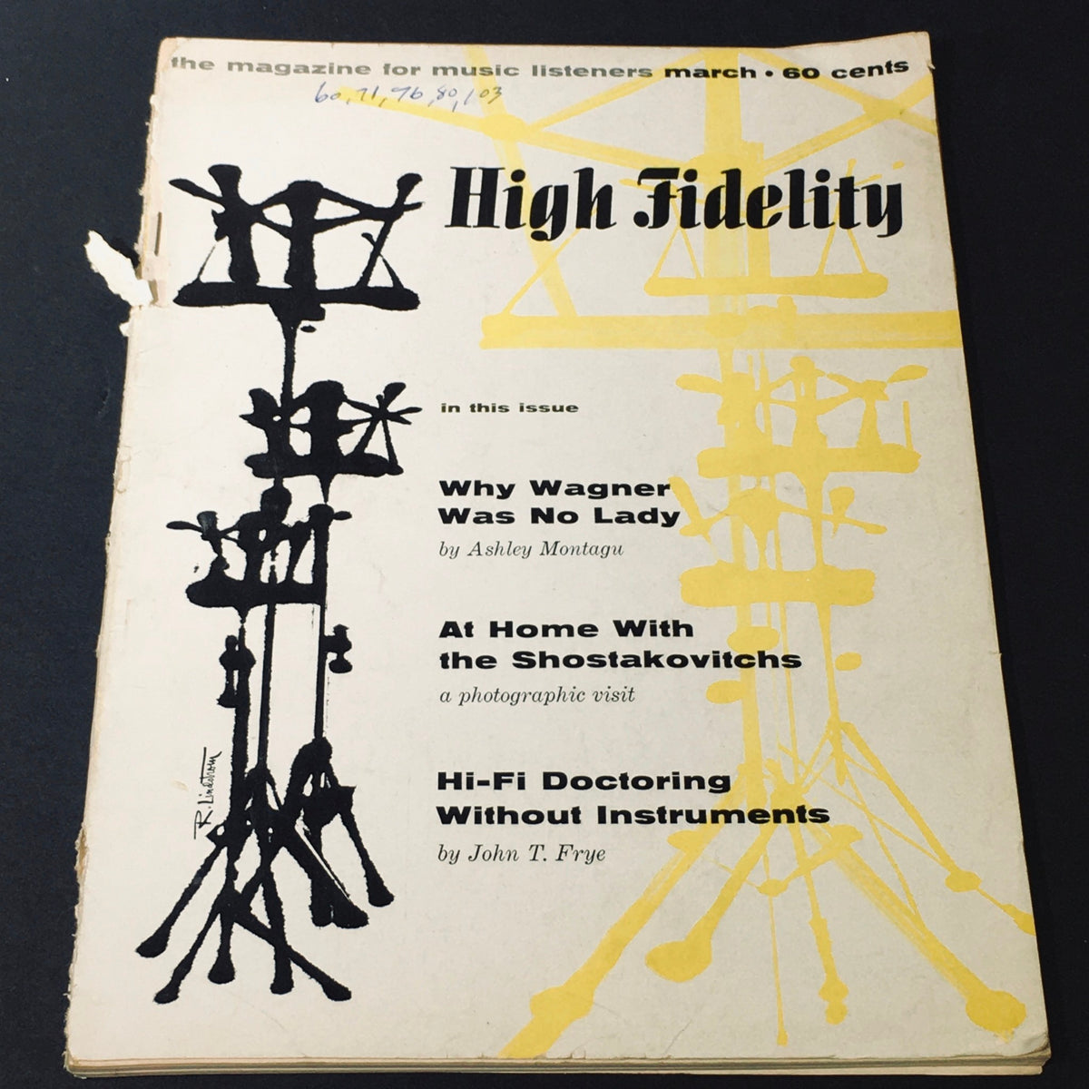 Cover of VTG High Fidelity Magazine March 1960 featuring the title and articles including 'At Home With The Shostakovitchs', showcasing artistic design and vintage appeal.