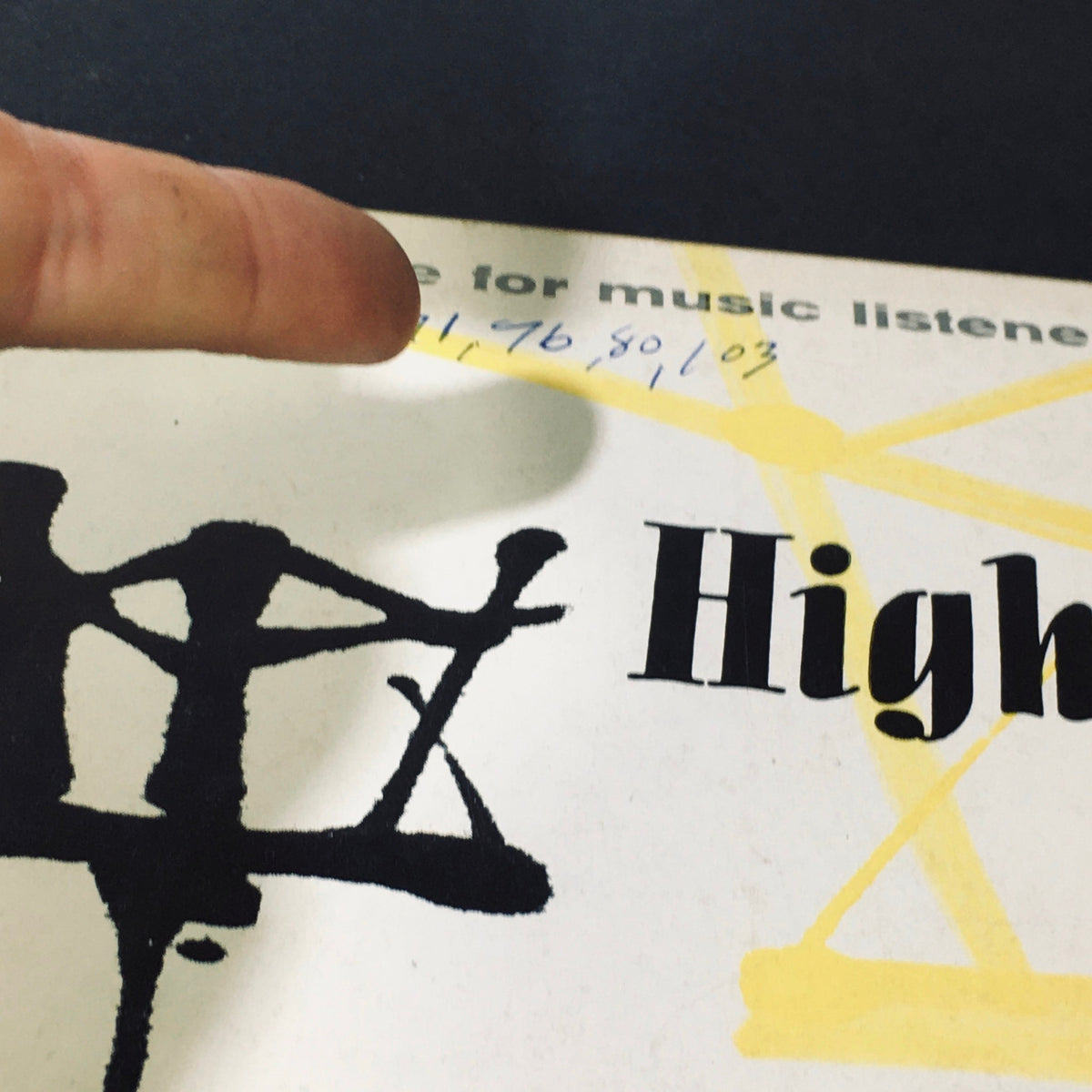 Close-up of the VTG High Fidelity Magazine March 1960 cover showing a handwritten note and title emphasizing its vintage condition and history.