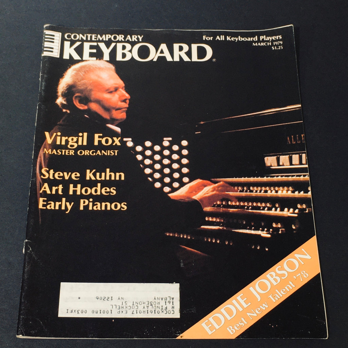 Contemporary Keyboard Magazine March 1979 featuring Virgil Fox, Steve Kuhn, Art Hodes, and Early Pianos, highlighting influential figures in jazz music.