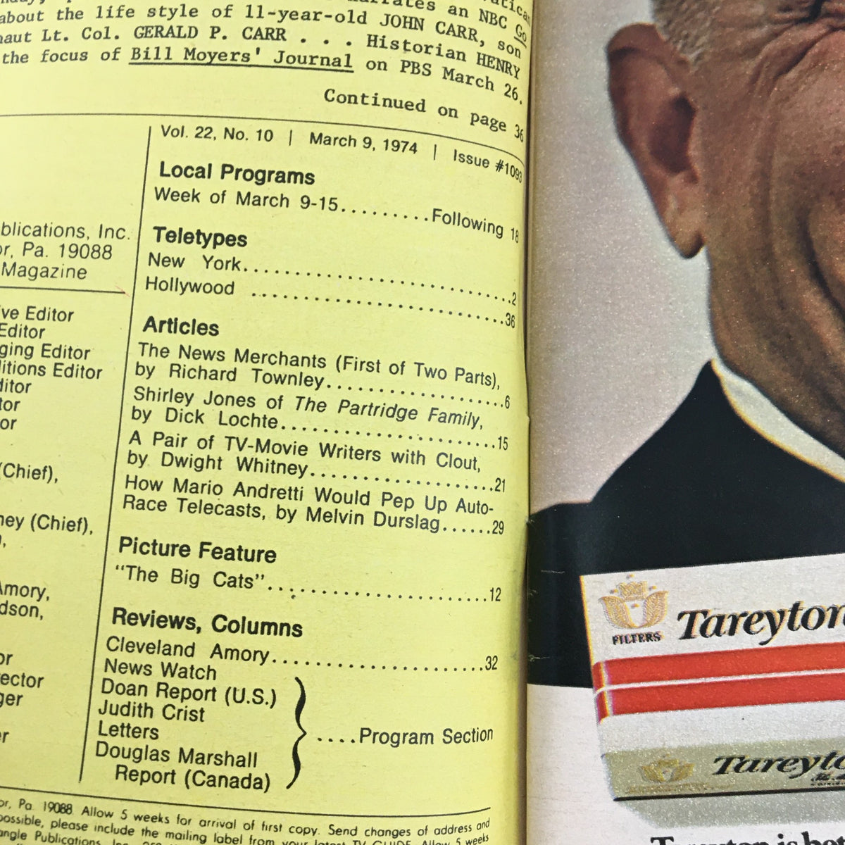 Inside page of TV Guide Magazine dated March 9, 1974, featuring a content list and articles, highlighting entertainment and media topics in the 'How Show Biz Takes Over Local News L.A. Edition' issue.