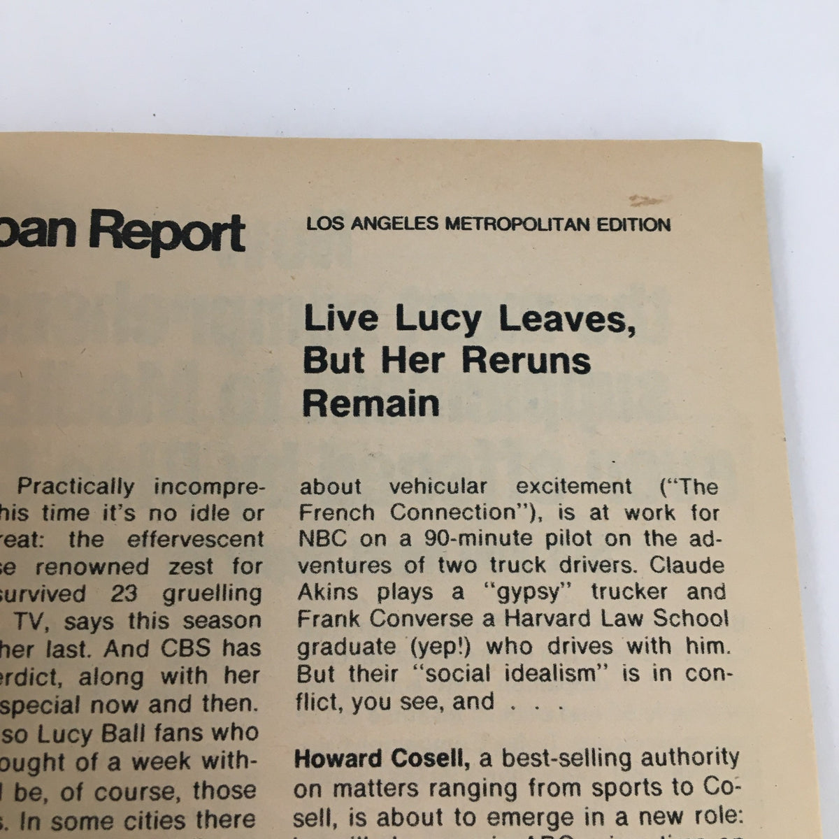 Another inside page from the TV Guide Magazine March 9, 1974, showing an article titled 'Live Lucy Leaves, But Her Reruns Remain', part of the 'How Show Biz Takes Over Local News L.A. Edition'.