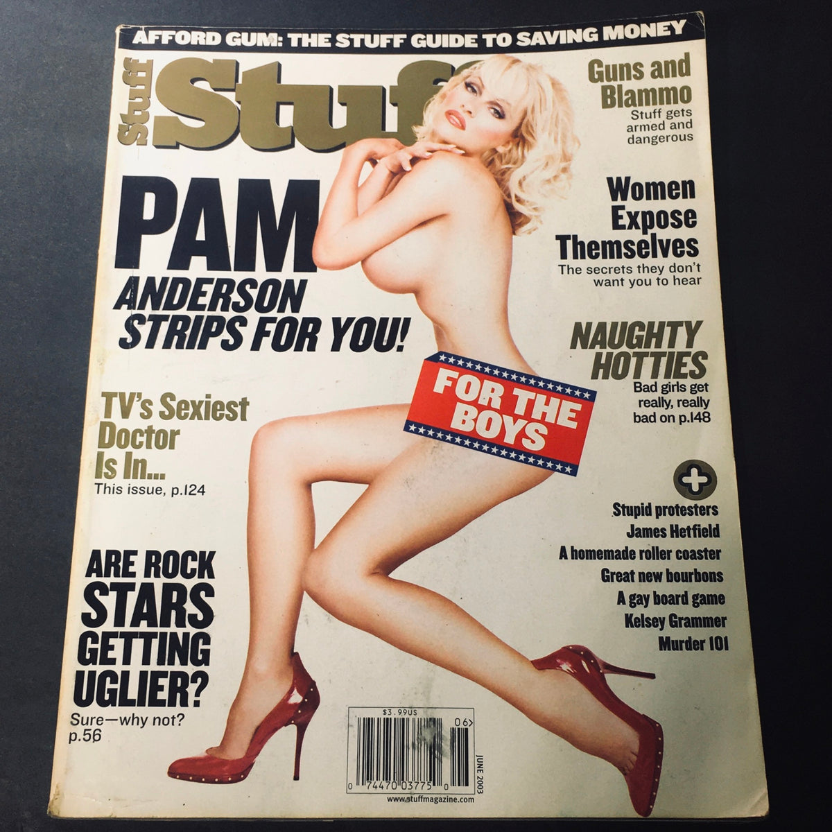 Cover of Stuff Magazine No. 43 from June 2003 featuring Pamela Anderson with the tagline 'Pam Strips For You'. The magazine highlights topics like TV's sexiest doctor and naughties for boys, with a black background and vibrant red text.