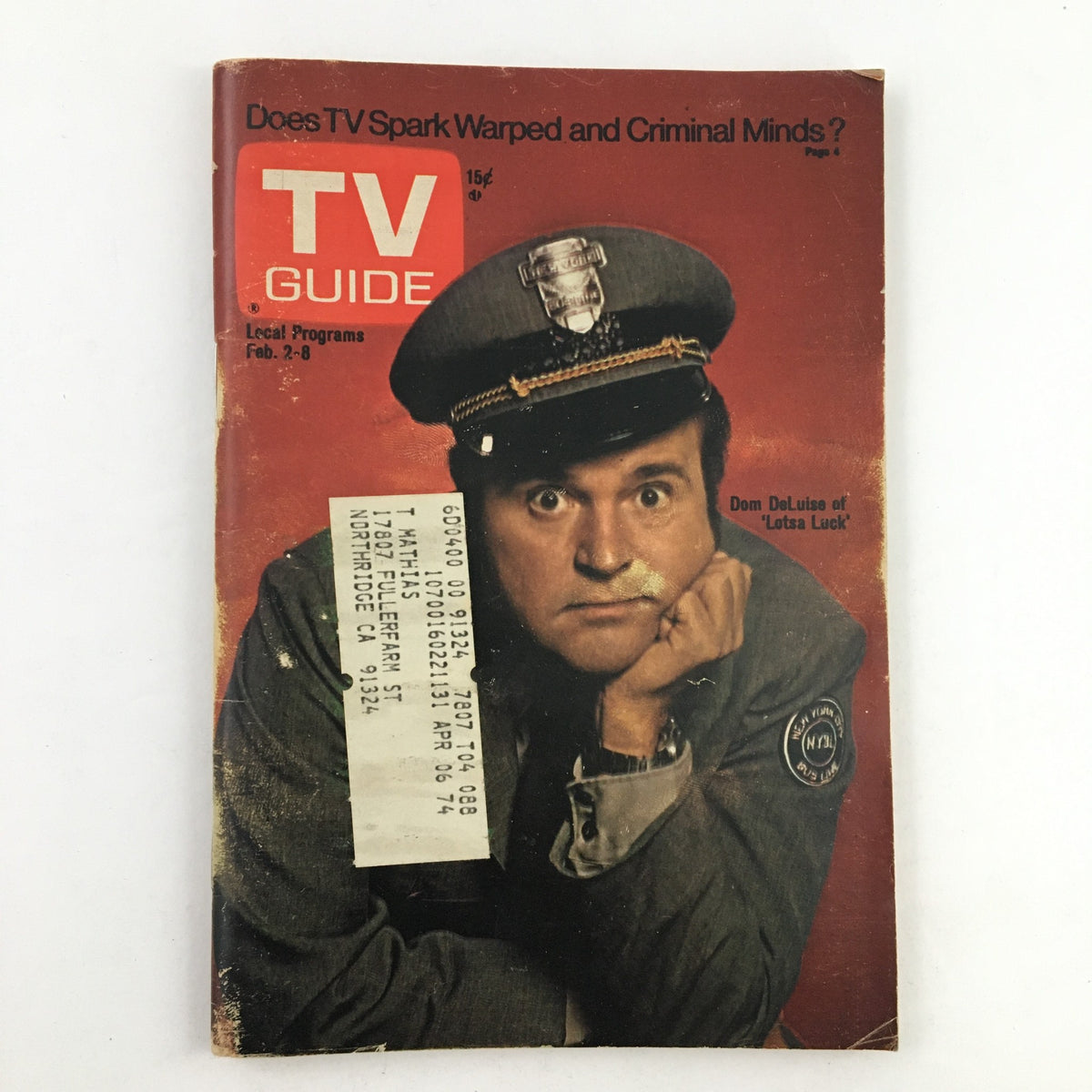Vintage TV Guide Magazine from February 2, 1974 featuring Dom DeLuise on the cover, showcasing a comedic theme with the caption 'Does TV Spark Warped and Criminal Minds?' Original L.A. edition with programming information for the week.