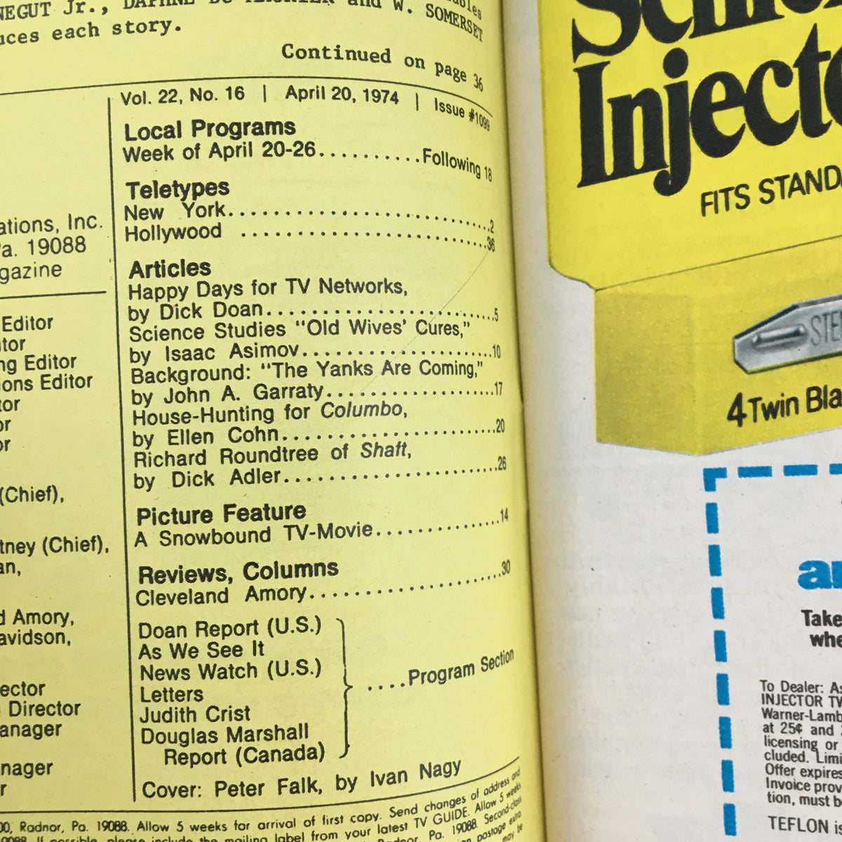 Inside pages of TV Guide Magazine, April 20, 1974, showcasing TV listings and articles, including a feature on Columbo, highlighting the programming of that week.