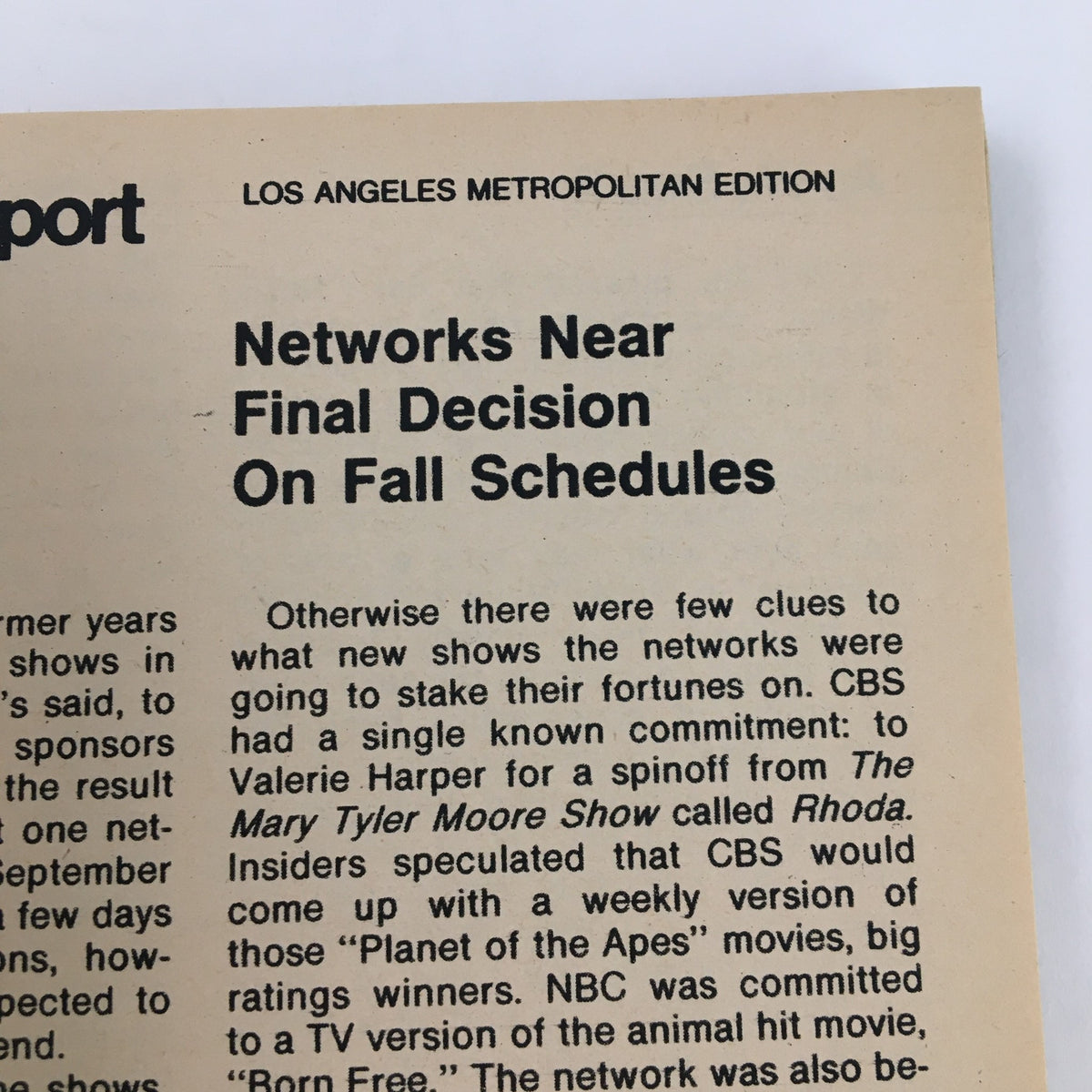 Article page from TV Guide Magazine, April 20, 1974, discussing network decisions on fall television schedules, part of the Los Angeles metropolitan edition.