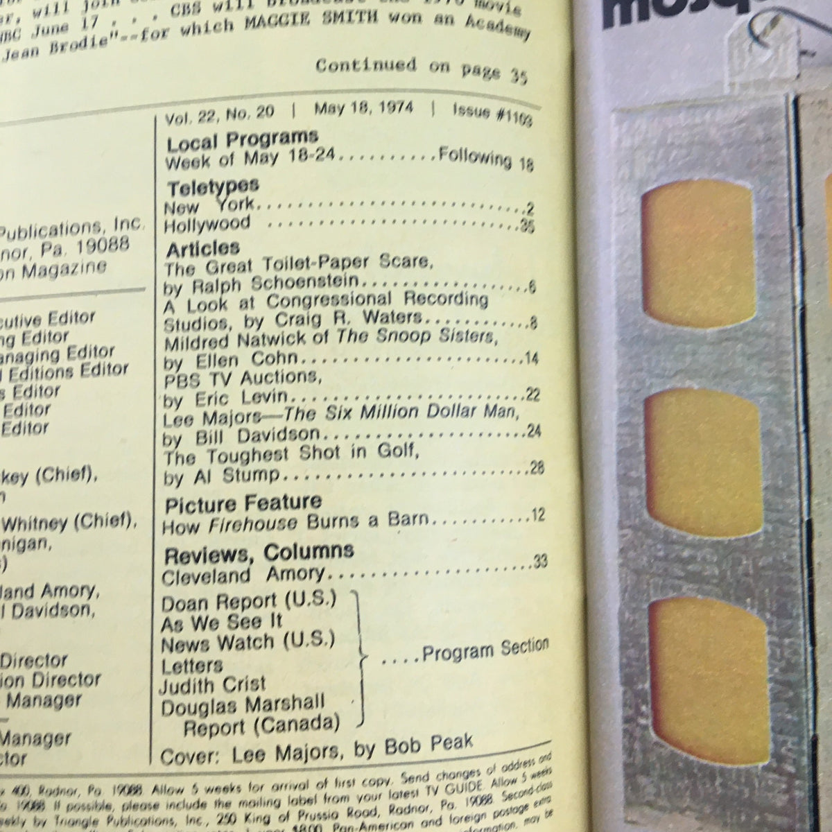 Interior page from TV Guide Magazine May 18, 1974 detailing local programs and articles, including a feature on Lee Majors and The Six Million Dollar Man, reflecting the television landscape of the 1970s.