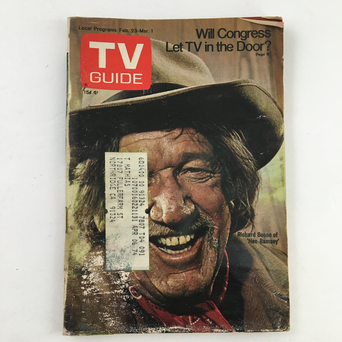 TV Guide Magazine from February 23, 1974, featuring Richard Boone of Hee Ramsey, showcasing vibrant cover art and vintage appeal.