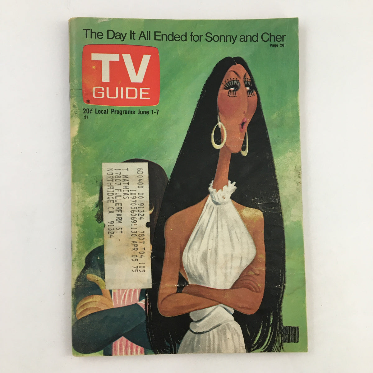 TV Guide Magazine June 1 1974 Sonny and Cher Bono Illustration L.A. Edition