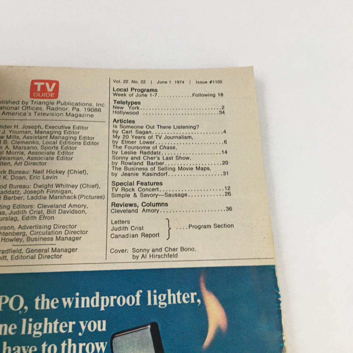 Interior page of TV Guide Magazine June 1 1974 displaying the table of contents, highlighting articles and features including one on Sonny and Cher Bono.