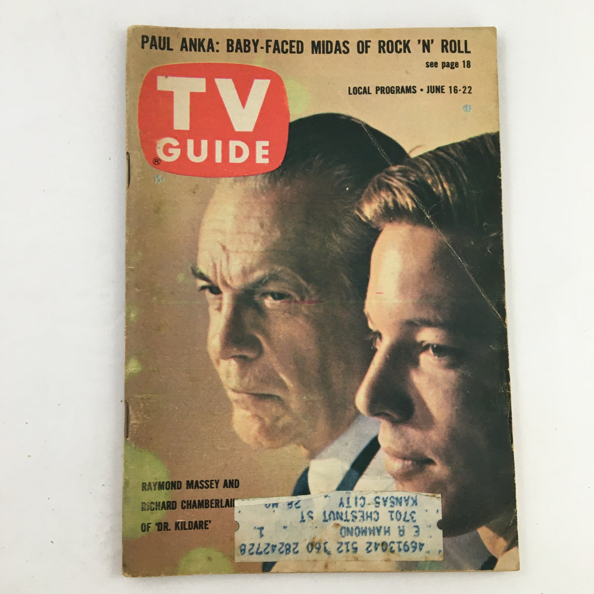 Cover of TV Guide Magazine June 16, 1962 featuring Raymond Massey and Richard Chamberlain, showcasing vintage television history. The magazine includes a local program section and highlights the actors from the show 'Dr. Kildare'.