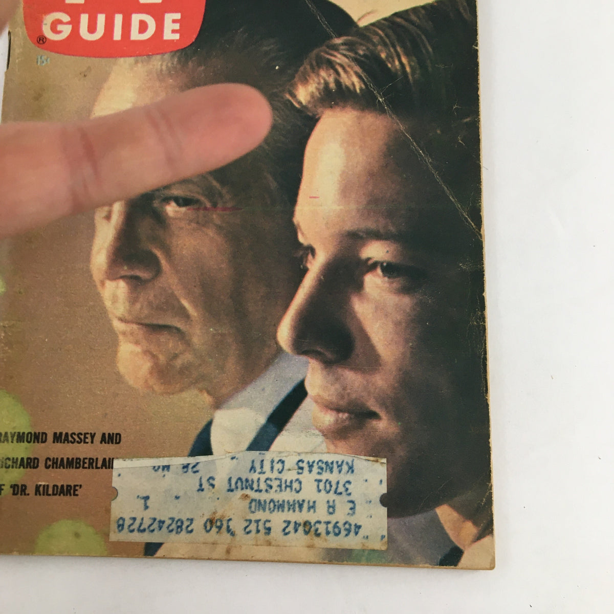 Close-up of the cover of TV Guide Magazine June 16, 1962 with Raymond Massey and Richard Chamberlain. The magazine cover features a local programs section and displays some wear typical of vintage magazines.
