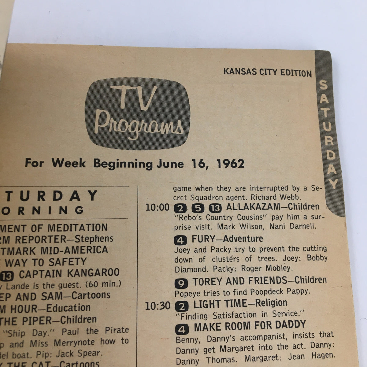 Inside page of TV Guide Magazine June 16, 1962 showcasing the Kansas City edition with television programming details including shows like 'Captain Kangaroo' and 'Fury'.