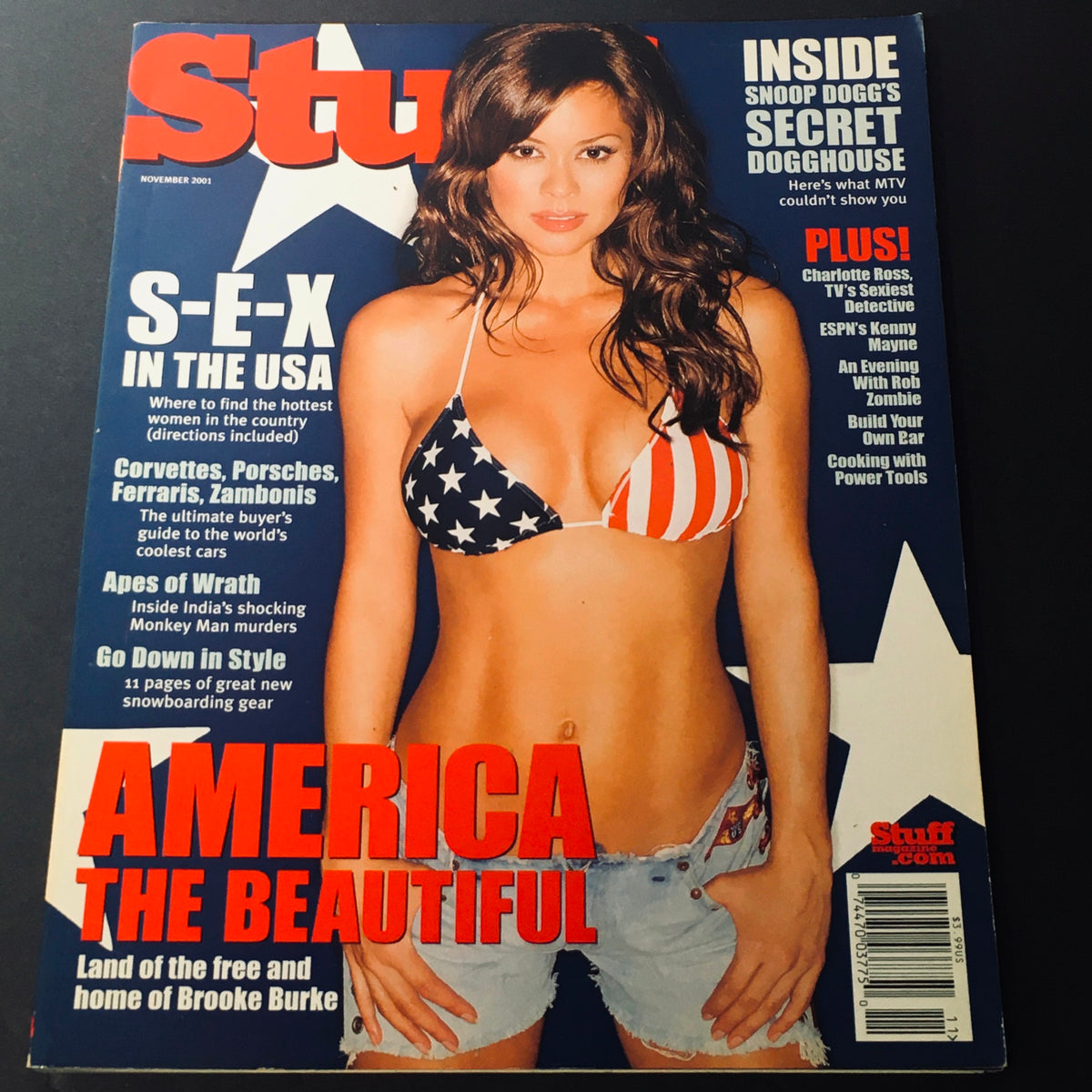 Cover of Stuff For Men Magazine, November 2001, featuring Brooke Burke in a patriotic bikini, showcasing the theme 'America the Beautiful' with bold text and star motifs.