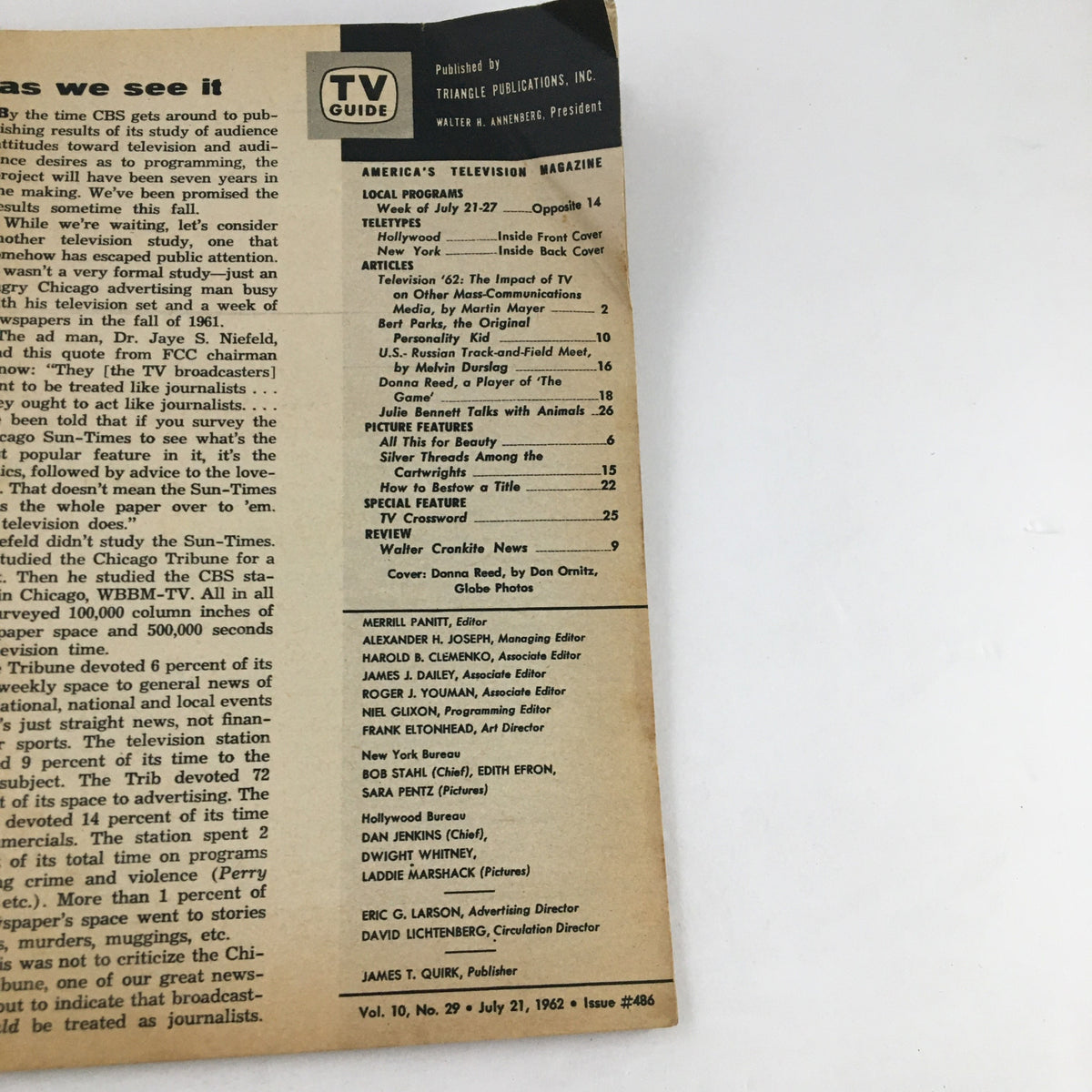 Back cover of TV Guide Magazine July 21 1962, featuring a detailed table of contents and editor information highlighting programming and features of the time.