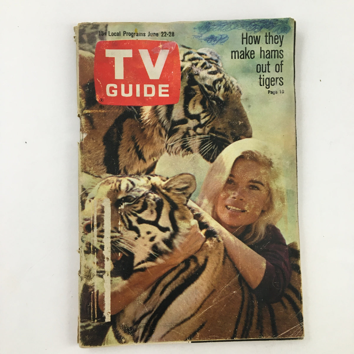 Cover of TV Guide Magazine June 22, 1968 featuring Toni Helfer surrounded by tigers, showcasing nostalgic television history.