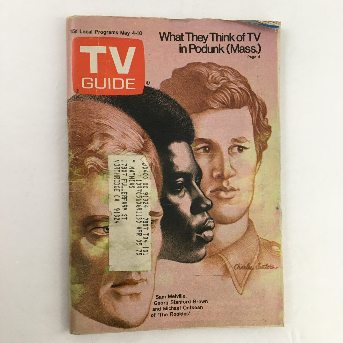 Cover of TV Guide Magazine May 4, 1974, featuring Sam Melville, Georg Stanford Brown, and Michael Ontkean, illustrated with four faces in a creative design.