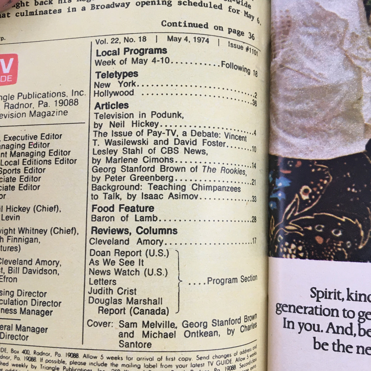 Inside page of TV Guide Magazine May 4, 1974, showing the table of contents and articles related to television programming, highlighting Georg Stanford Brown.