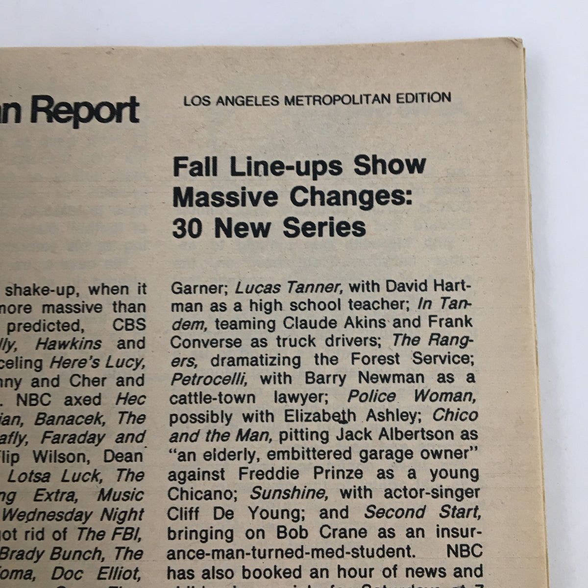 Earlier page of TV Guide Magazine May 4, 1974, discussing upcoming television line-ups with major changes, part of the L.A. Edition.