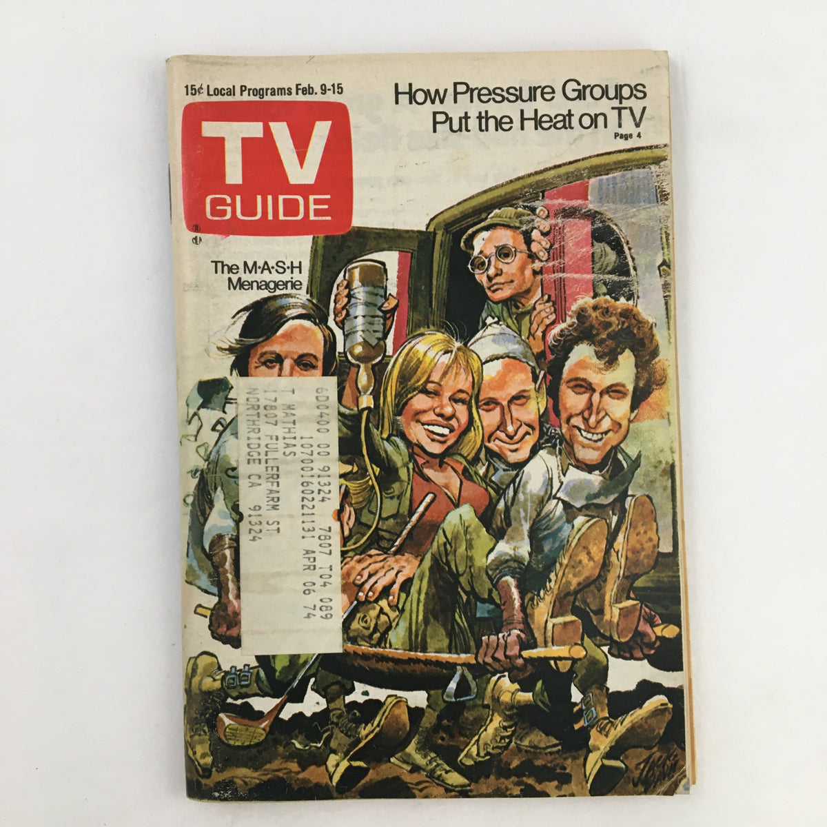 TV Guide Magazine from February 9, 1974, featuring the M*A*S*H Menagerie with illustrated characters, highlighting the show's stars. L.A. edition showcasing its cultural significance in television history.