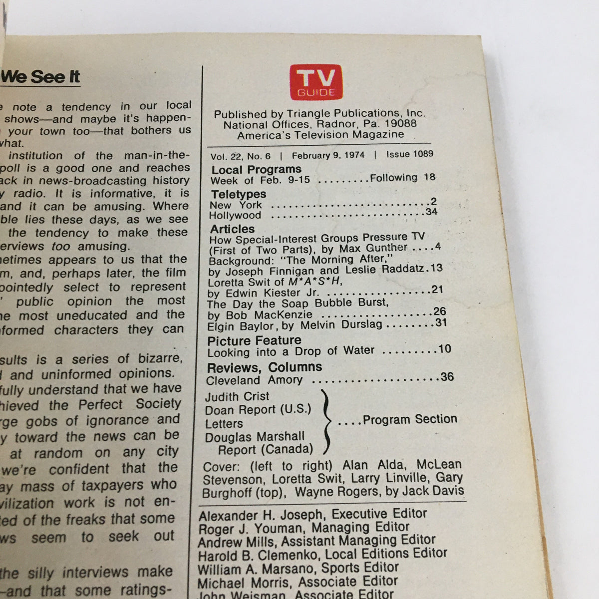 Cover page of TV Guide Magazine February 9, 1974, featuring contents including articles, local programs, and notable names like Alan Alda and McLean Stevenson, capturing a key moment in television history.