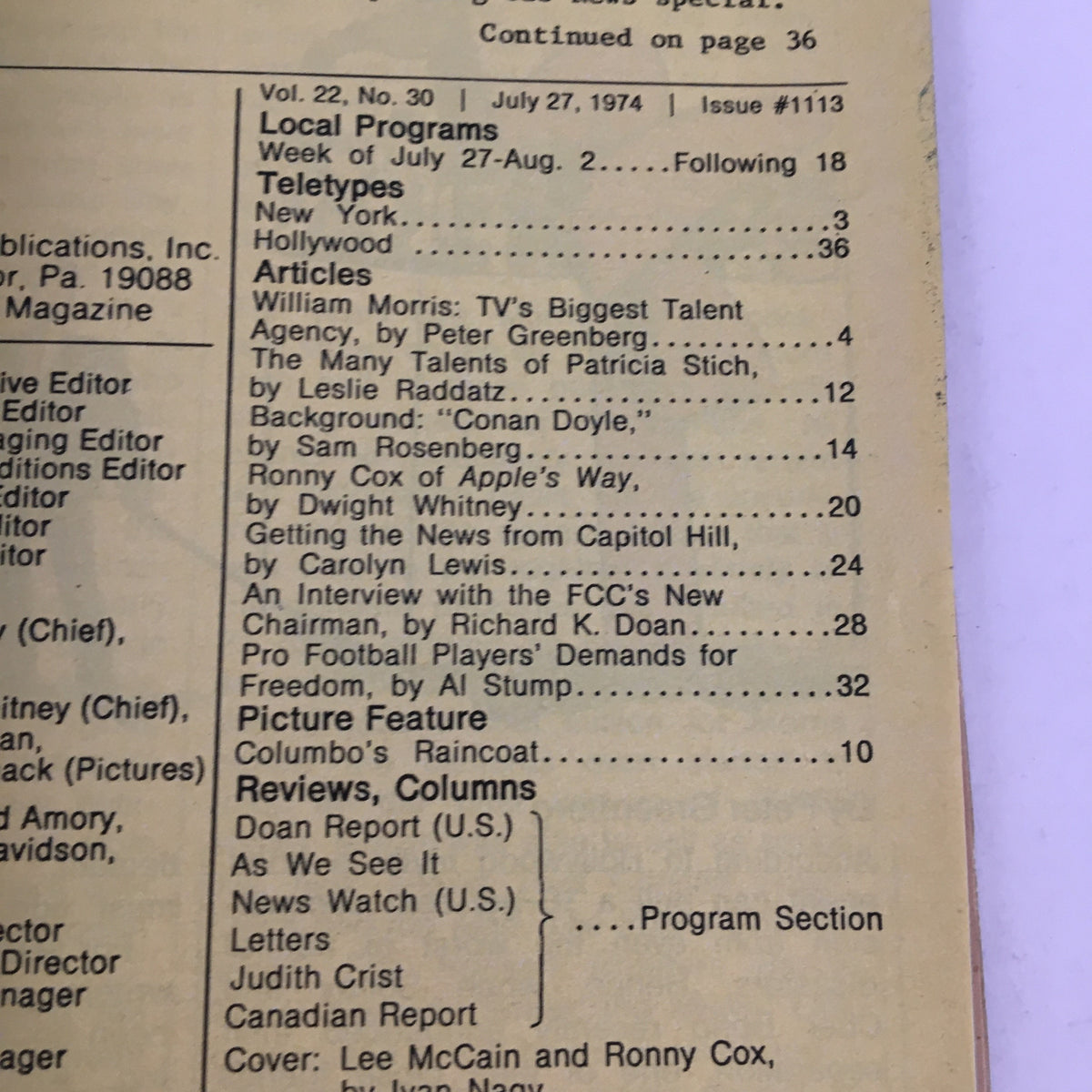Table of contents from TV Guide Magazine July 27 1974, listing articles and features including Ronny Cox of 'Apple's Way'.