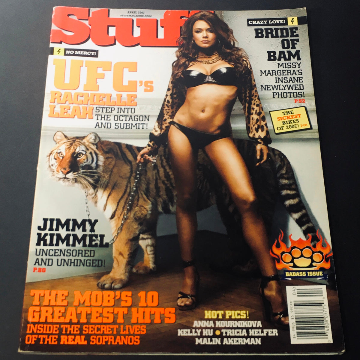 April 2007 issue of Stuff For Men Magazine featuring UFC's Rachelle Leah on the cover, showcasing her in a stylish pose with a tiger backdrop, alongside Jimmy Kimmel's uncensored feature. Highlights include fashion, fitness, and entertainment.