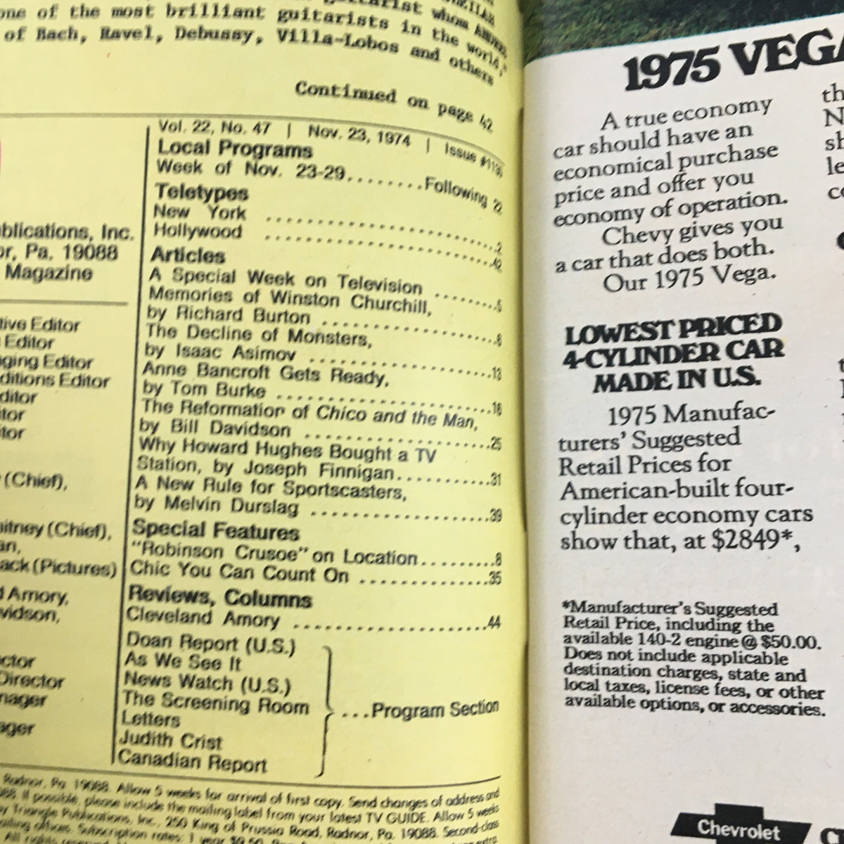 Inside page of TV Guide Magazine November 23, 1974, showcasing program listings and articles, including a special feature on Shirley MacLaine.