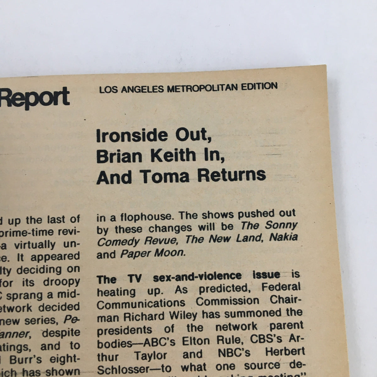 Another inside page of TV Guide Magazine November 23, 1974, discussing television show updates and features related to the Los Angeles metropolitan area.