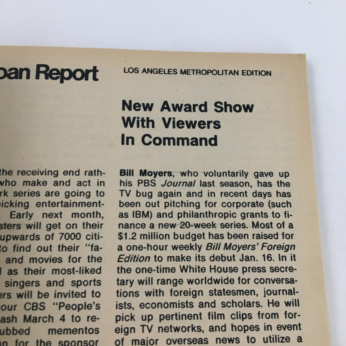 Article titled 'New Award Show with Viewers in Command' from TV Guide Magazine December 14 1974, discussing Bill Moyers and upcoming television programming.