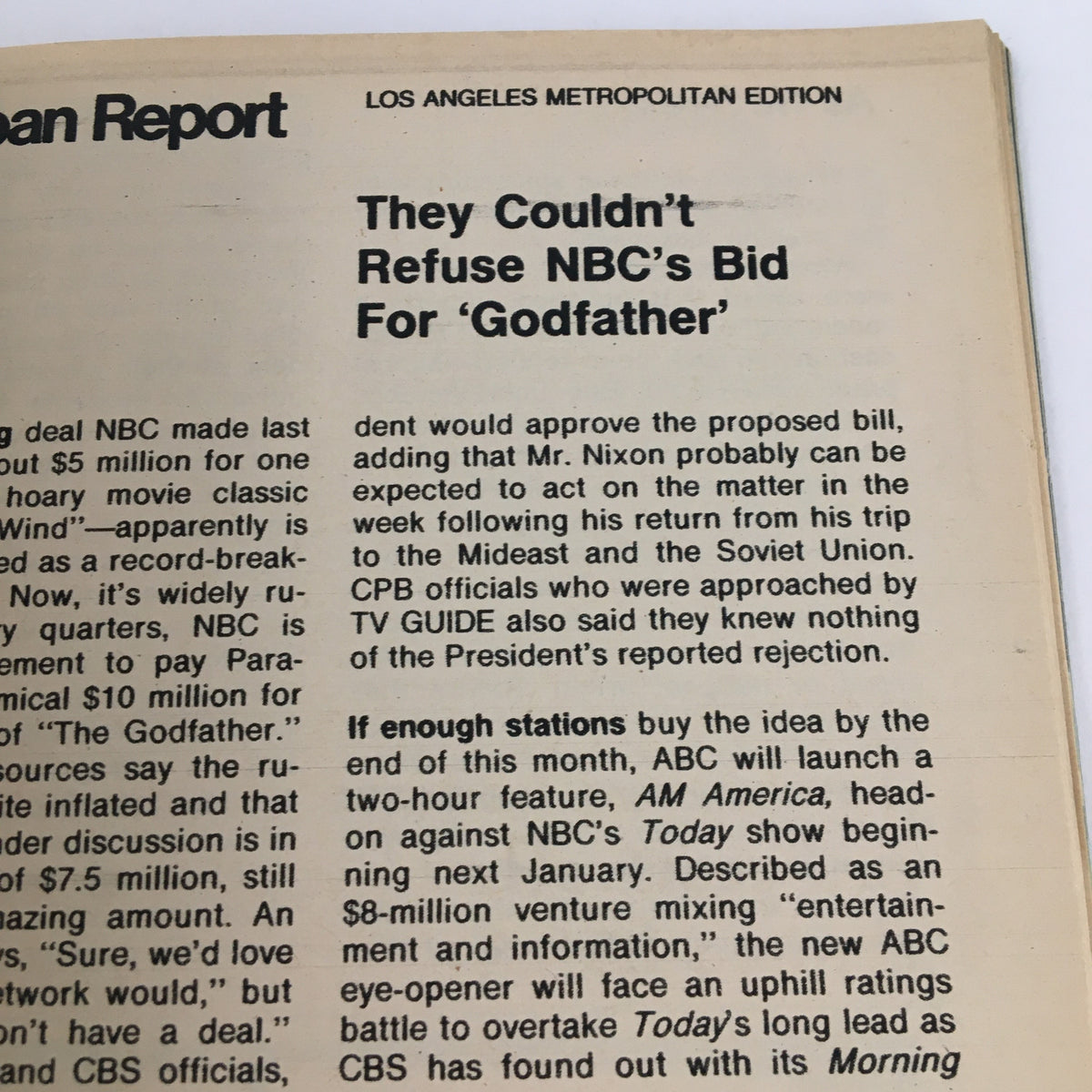 Page from TV Guide Magazine June 22 1974 featuring an article about NBC's bid for 'Godfather' and television programming updates, part of the Los Angeles metropolitan edition.