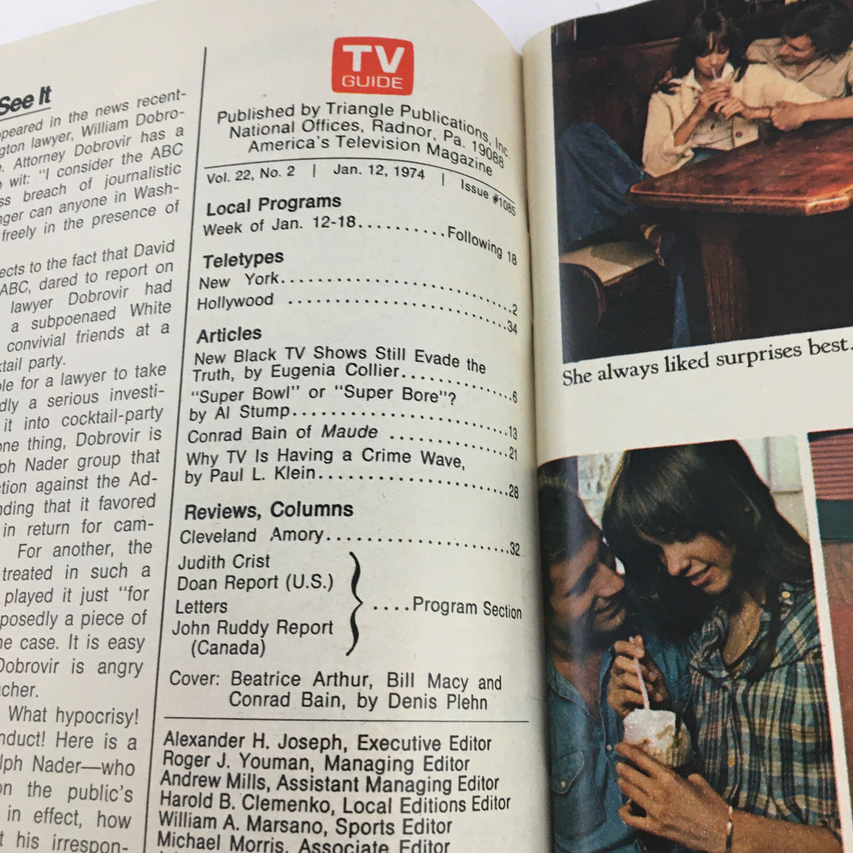 Inside page of TV Guide Magazine January 12 1974 displaying local program listings and articles, alongside the cover featuring Beatrice Arthur, Bill Macy, and Conrad Bain.