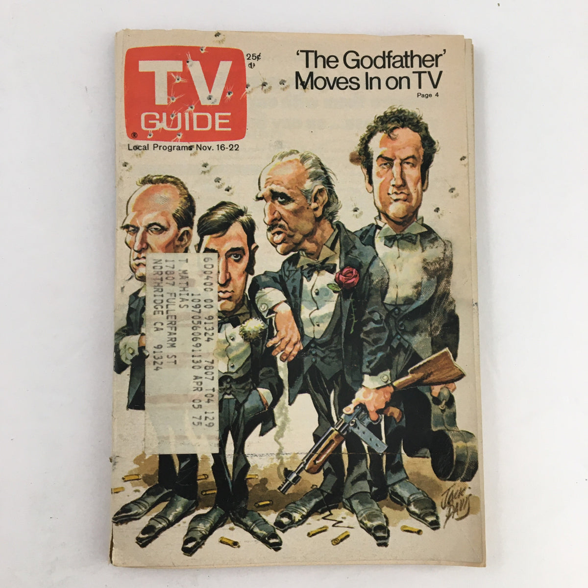 TV Guide Magazine cover from November 16, 1974 featuring Robert Duvall and Al Pacino, showcasing a caricature of the actors from 'The Godfather' and highlighting that 'The Godfather' moves in on TV.