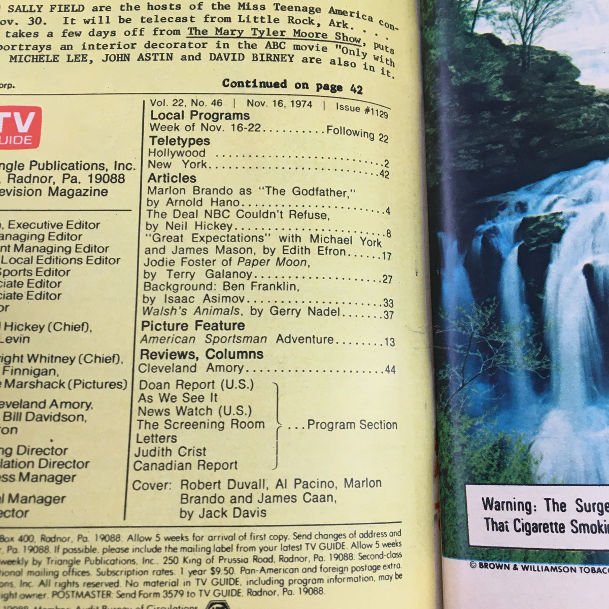 Inside page of TV Guide Magazine from November 16, 1974, listing local programs and articles featuring Robert Duvall and Al Pacino among other entertainment highlights of the era.