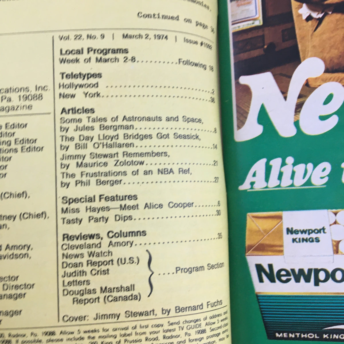 Inside page of TV Guide Magazine March 2 1974 showcasing the table of contents with detailed articles and features including a section on Jimmy Stewart.